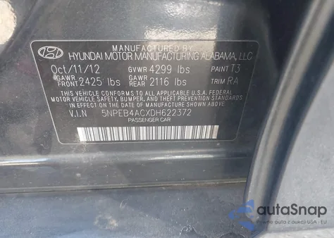 2013 Hyundai Sonata Gls z USA, uszkodzony, nr VIN 5NPEB4ACXDH622372